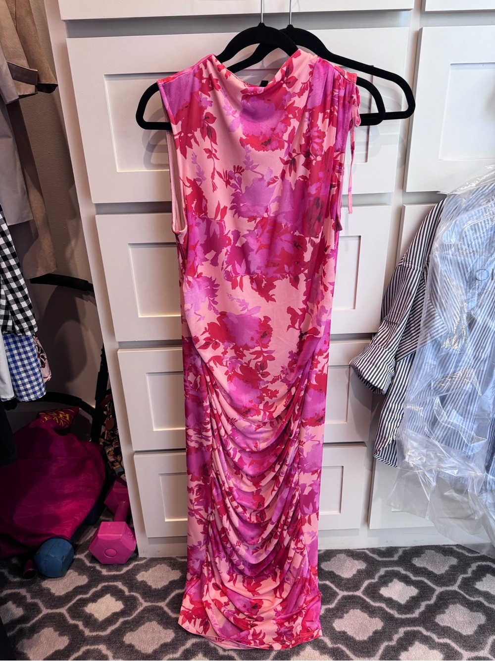 Sleeveless Pink Floral Ruched Maxi Dress